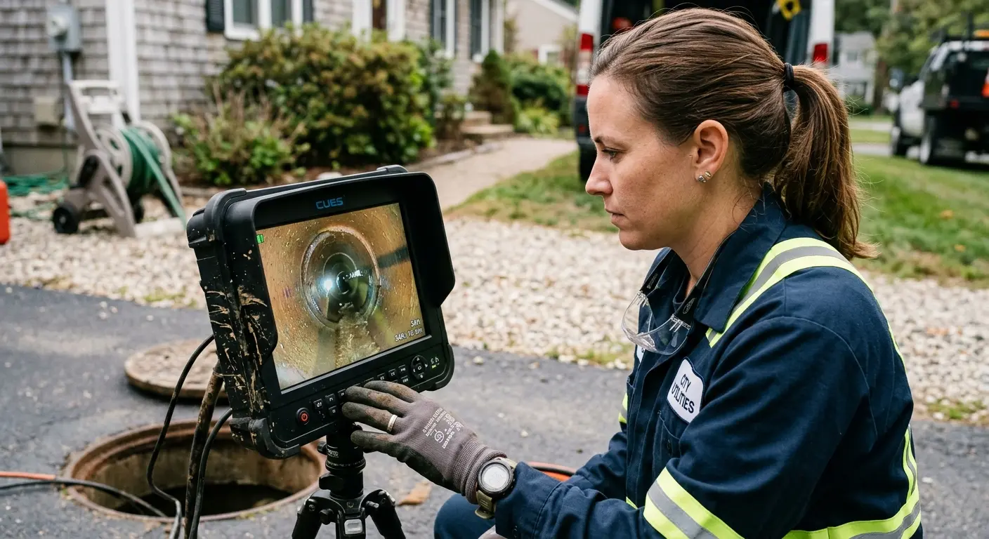 Technician reviewing sewer camera inspection footage in Great Neck Plaza