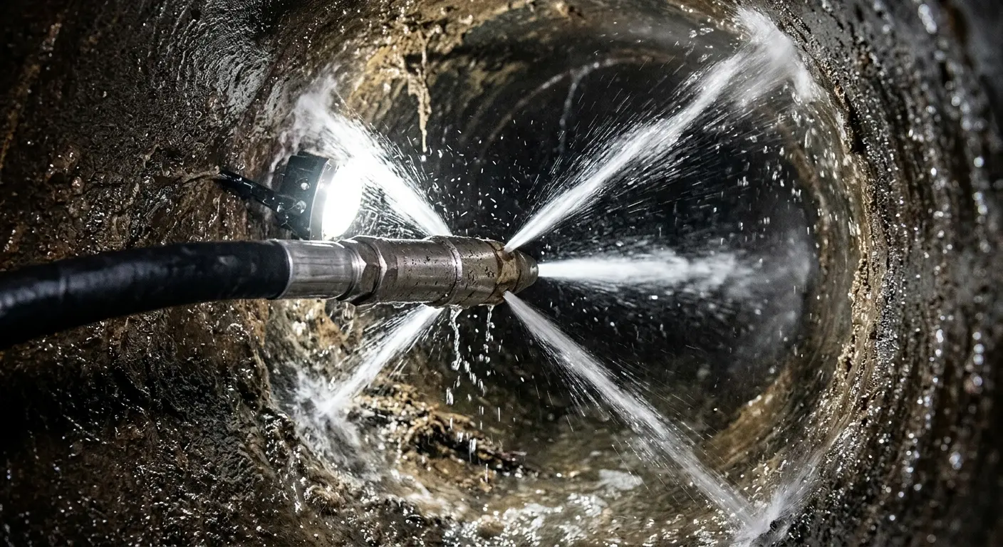 High-pressure hydro jetting nozzle cleaning sewer pipe for Storm Drain Cleaning in Great Neck Plaza