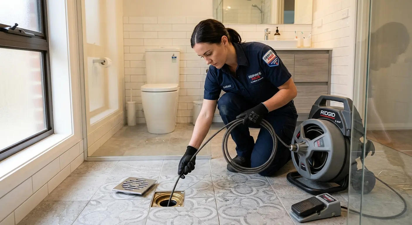 Technician clearing a bathroom floor drain for Sewer Line Replacement in Great Neck Plaza